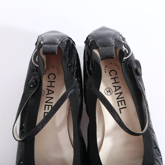 CHANEL CC Black Cap Toe Patent Leather Pumps - Picture 9 of 11